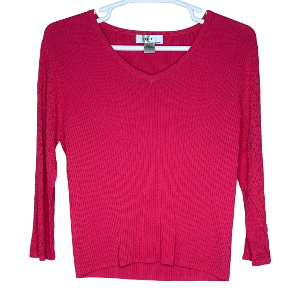 Kikit Maurice Sasson Flash Coral Ribbed V-Neck Sweater Crochet Sleeve XL VTG NWT